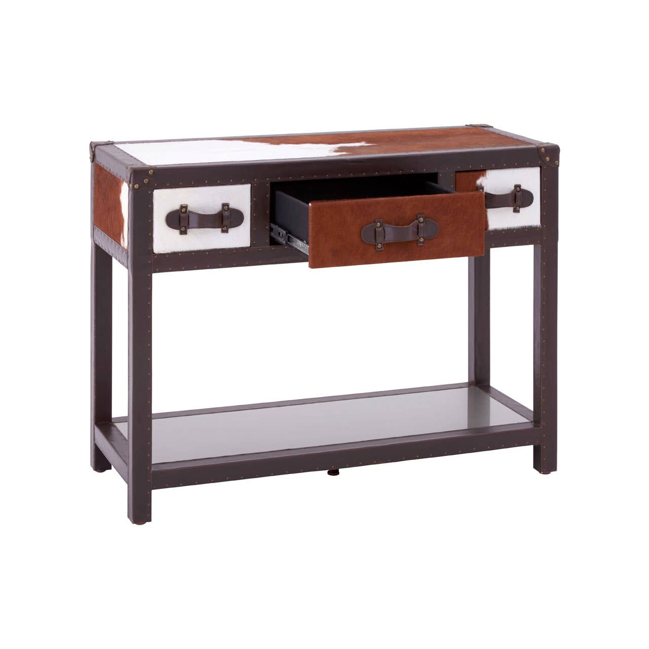 Brown/white Genuine Cowhide 3 Drawer Table